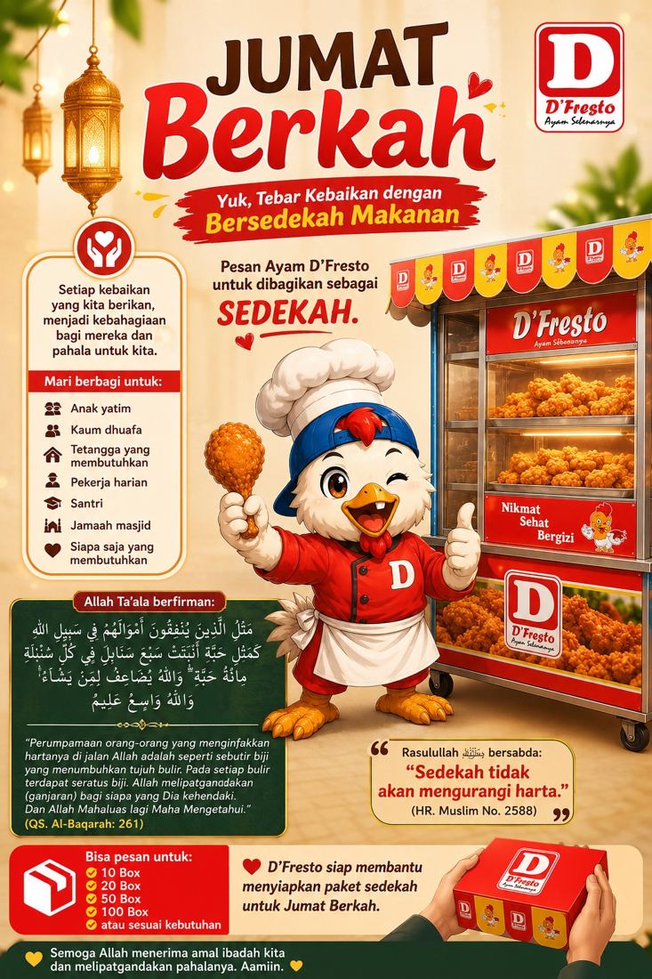Poster Jumat Berkah D'Fresto: bersedekah makanan dengan paket ayam